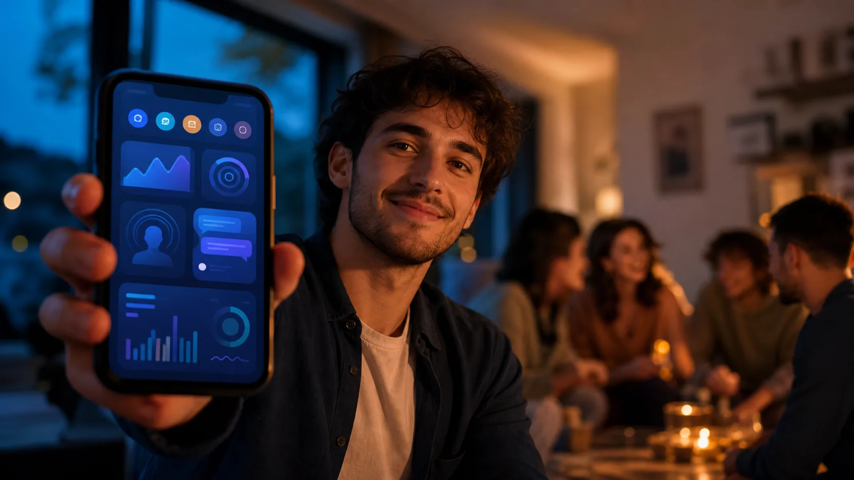 Application mobile de progression sociale utilisée par un jeune adulte qui reprend confiance