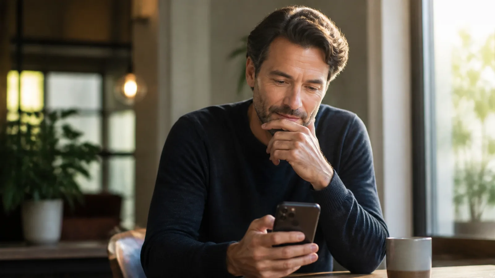 Homme réservé réfléchissant avant de répondre à un message sur son smartphone