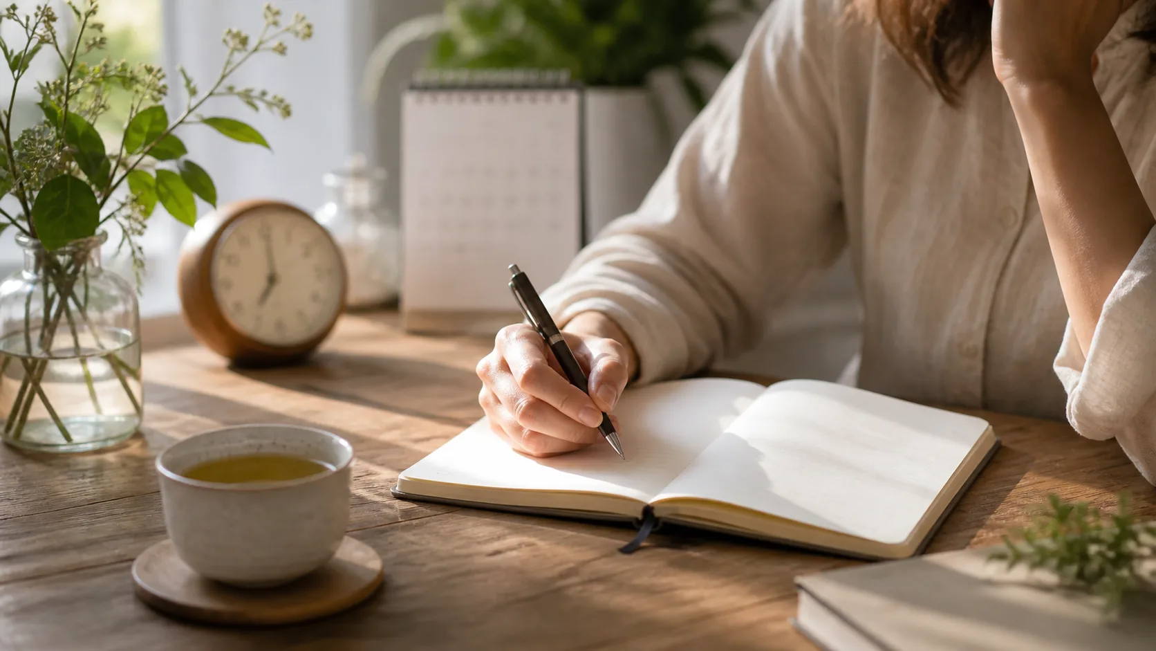 Carnet d’introspection ouvert sur une table en bois avec une infusion et une lumière douce