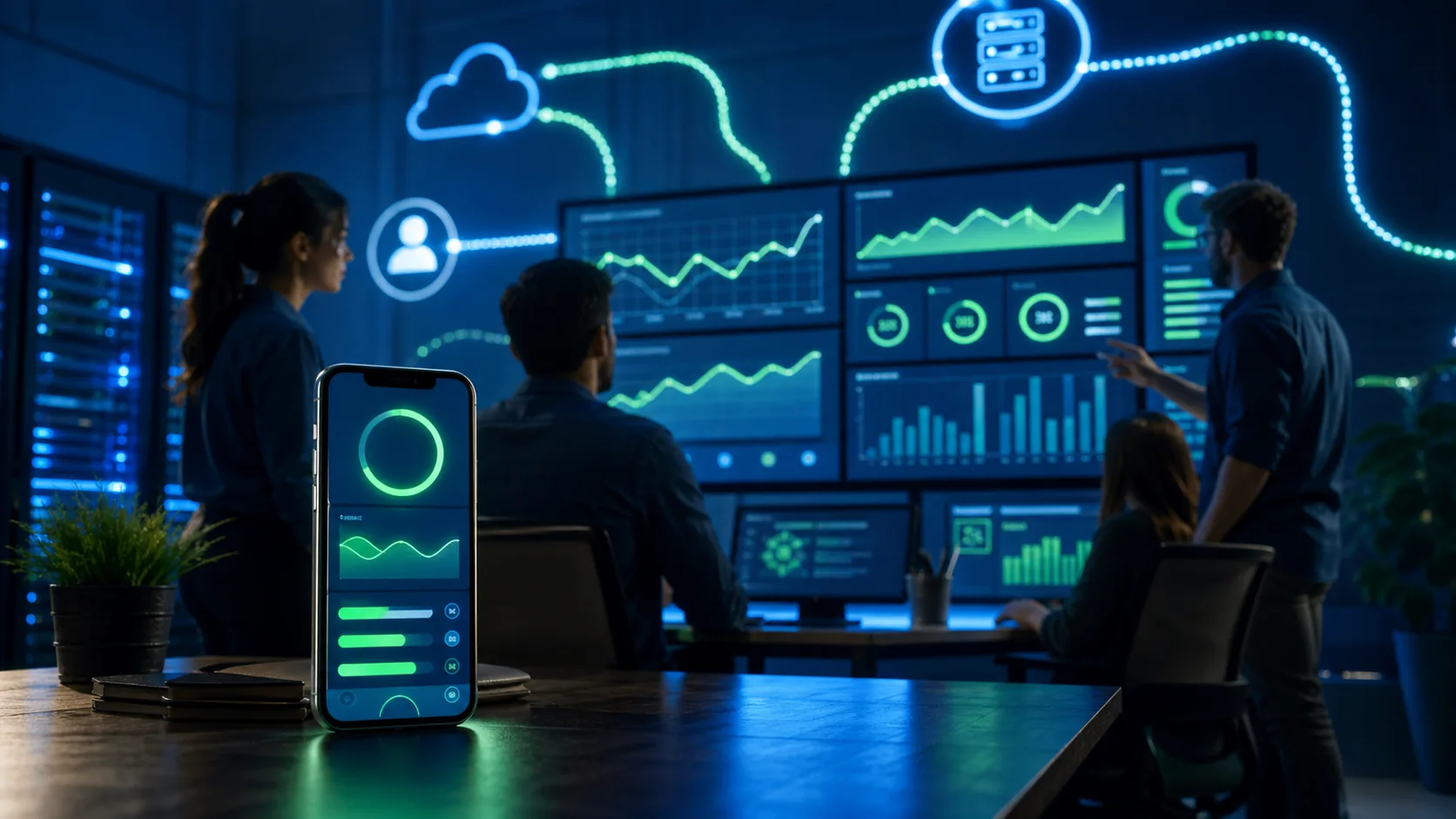 Equipe produit analysant les performances d'une application de développement personnel