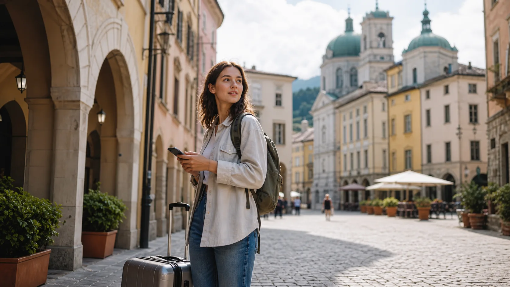 Jeune femme en voyage solo dans une ville européenne rassurante avec une valise cabine