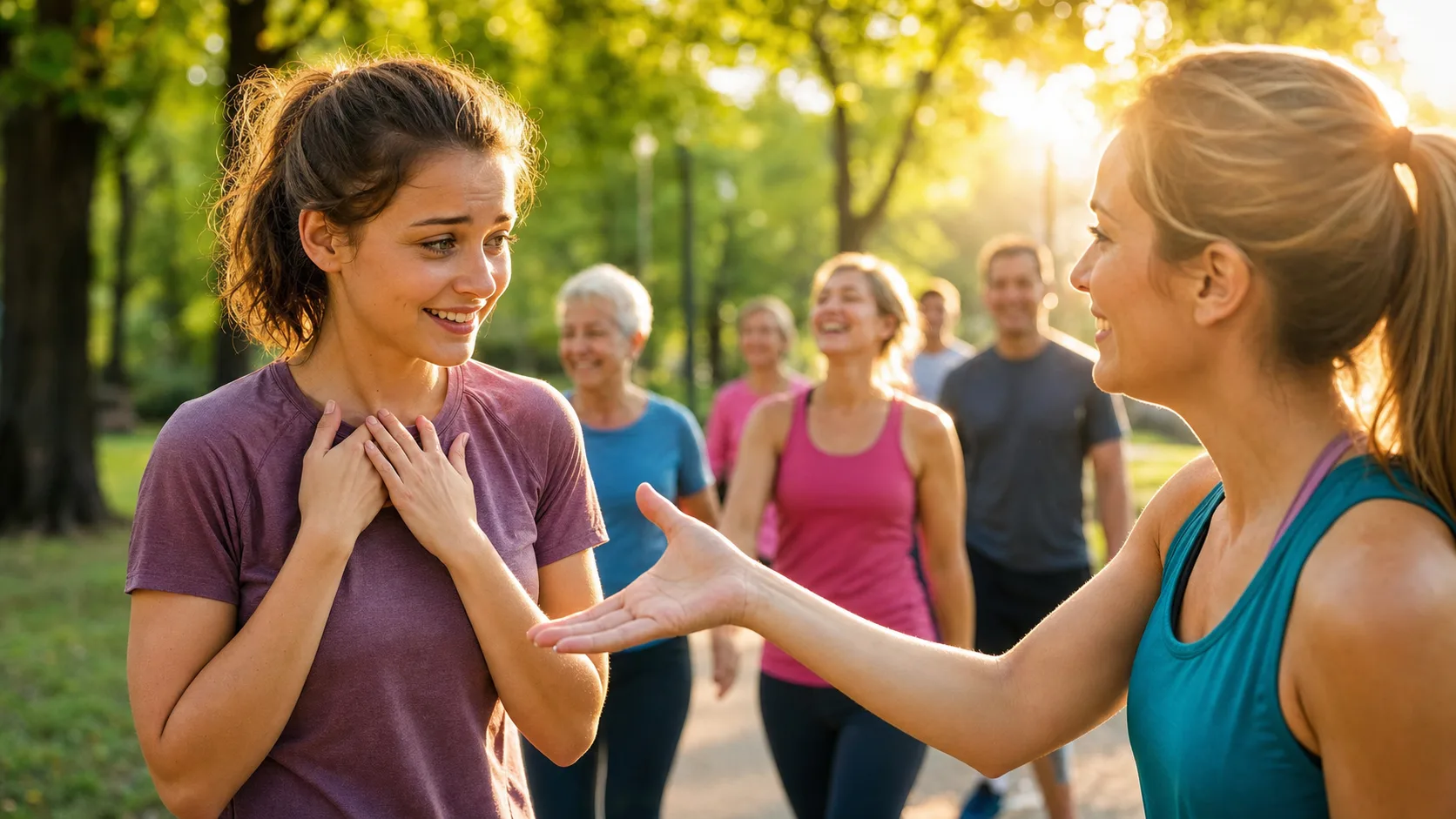 Deux femmes en tenue de sport se rencontrent dans un groupe de marche au parc